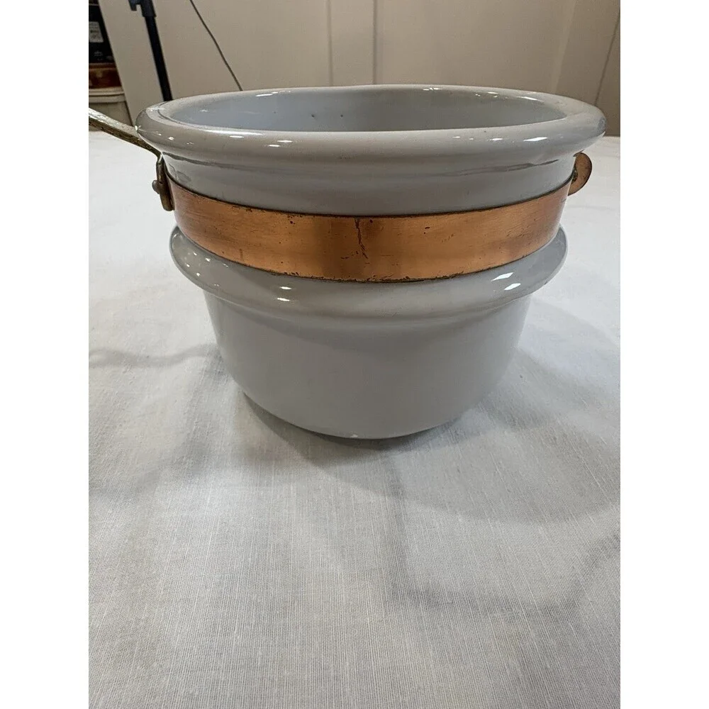 Vintage White Stoneware Double Boiler Pot Insert Copper & Brass Handle 1.5 QT